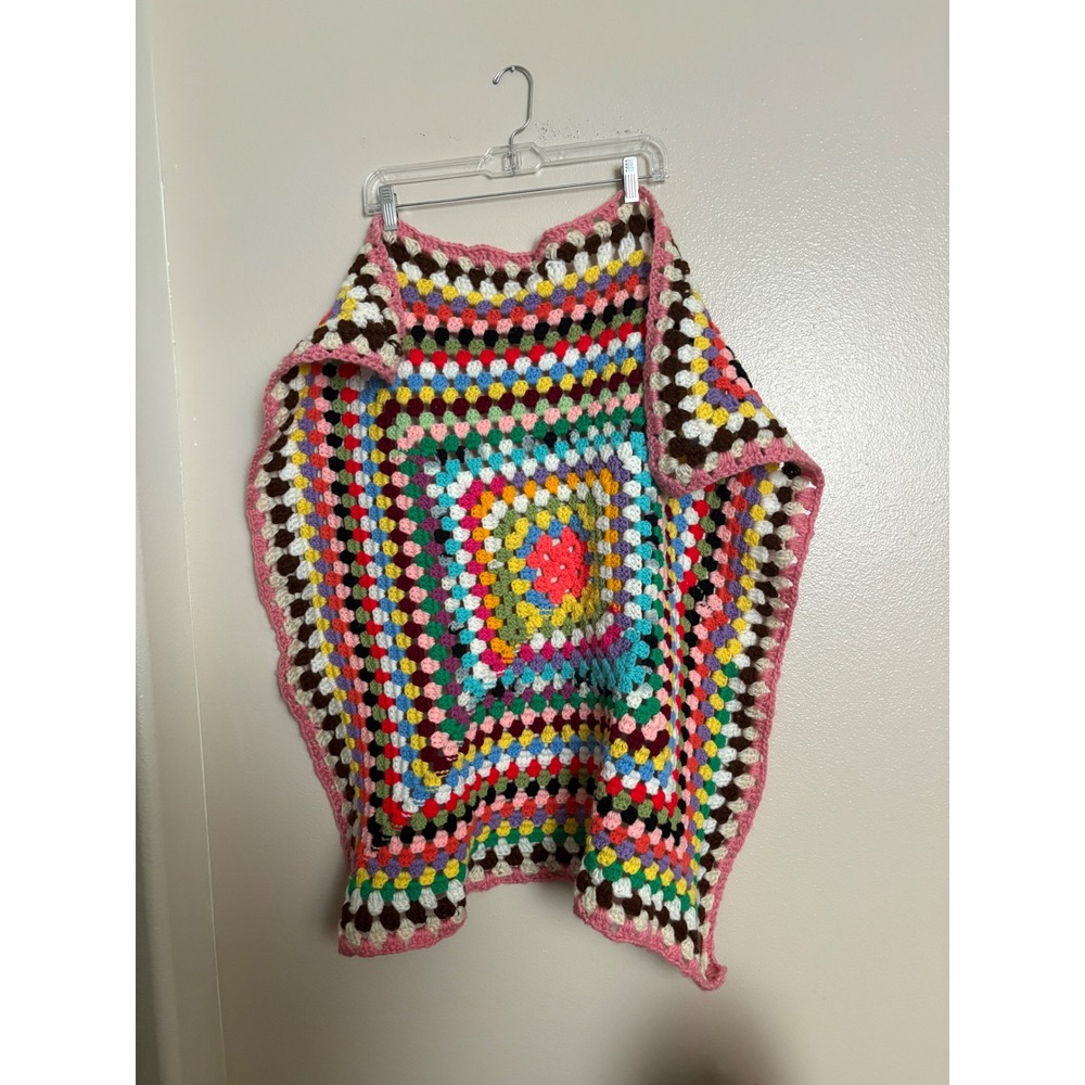 Vintage Handmade Crochet Granny Square Blanket Rainbow Multi Color Lap Throw